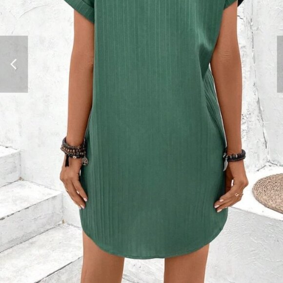 2/$40 Light Grey Short Sleeve Striped Dress Knee Length Midi Summer Tunic V Neck - Picture 5 of 6
